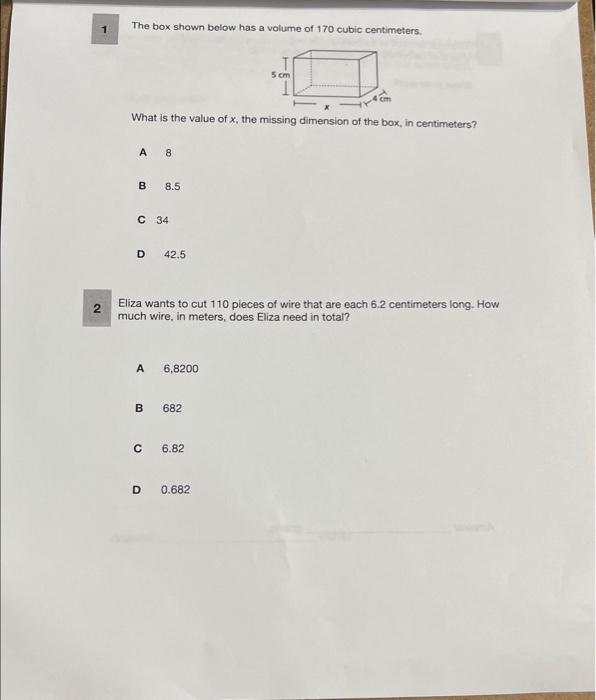 Solved 1 The box shown bolow has a volume of 170 cubic | Chegg.com