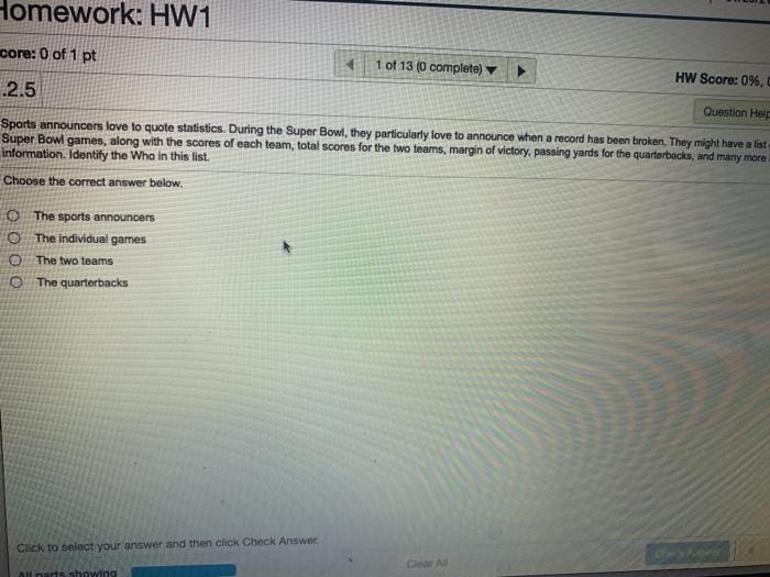 Solved 1 of 13 (0 complete) Score 0 of 1 pt 1.2.5 Sports