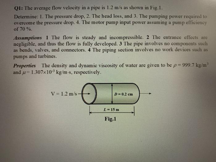 Solved Q1: The average flow velocity in a pipe is 1.2 m/s as | Chegg.com
