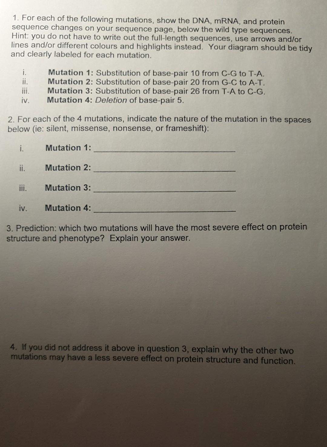 Solved 1. For each of the following mutations, show the DNA, | Chegg.com