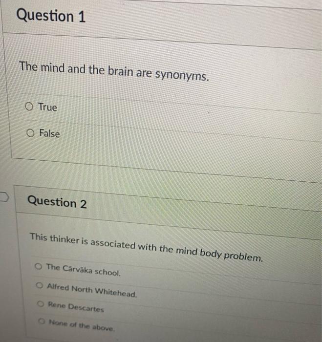 Solved Question 1 The mind and the brain are synonyms. O