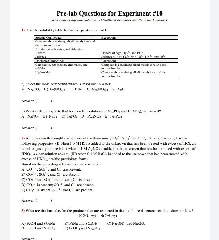 Solved Pre-lab Questions for Experiment #10 Reactions in | Chegg.com