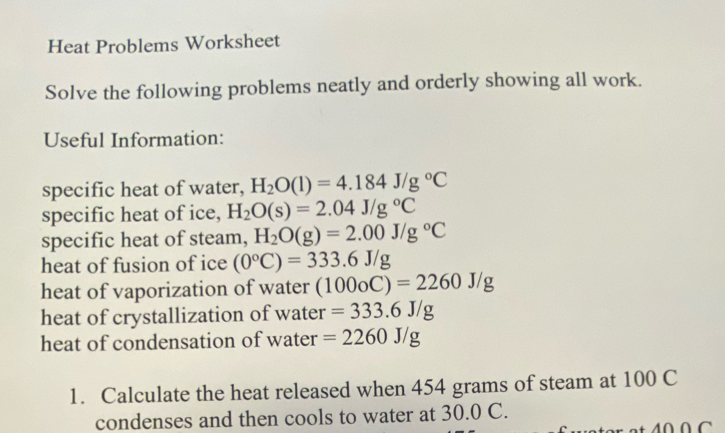Solved Heat Problems WorksheetSolve the following problems | Chegg.com