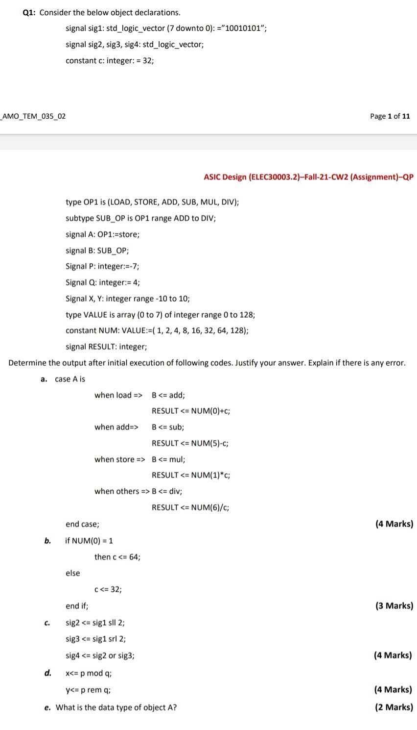 Solved Q1: Consider The Below Object Declarations. Signal | Chegg.com