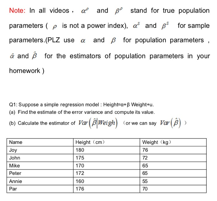 Solved Note In all videos, and Bo stand for true population
