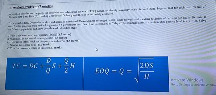 Solved Inventory Problem.(7 marks) At small distribution | Chegg.com