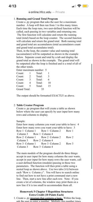 Solved 4:13 online.hfcc.edu - Private 1. Running and Grand | Chegg.com