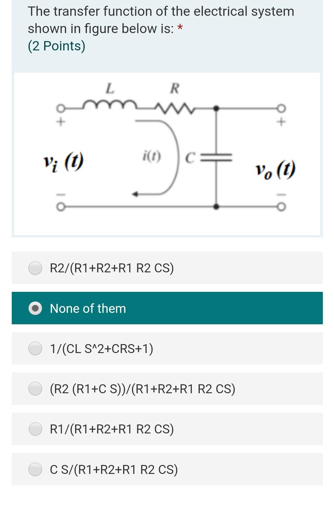 Solved The transfer function of the electrical system shown | Chegg.com