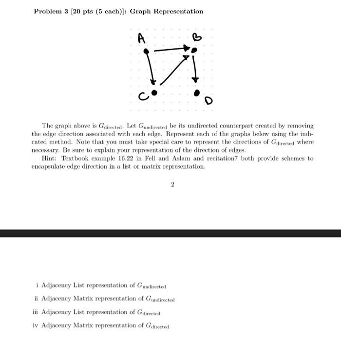 Solved Problem 3 [20 Pts (5 Each)]: Graph Representation The | Chegg.com