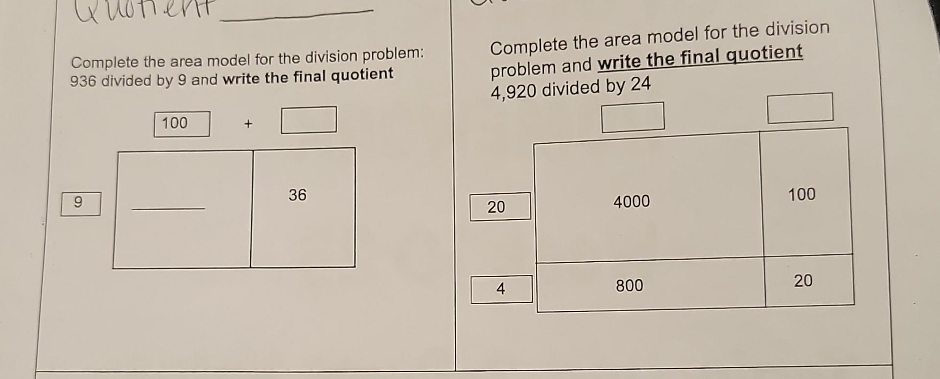 Solved Complete the area model for the division problem 936