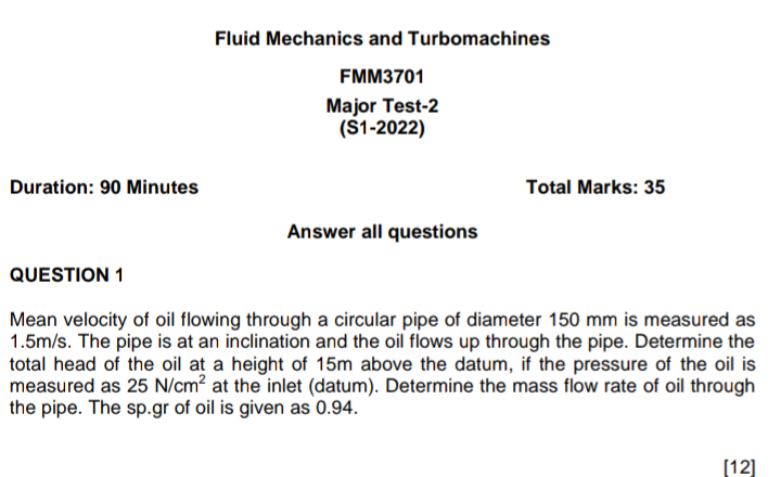 Solved Fluid Mechanics and Turbomachines FMM3701 Major | Chegg.com