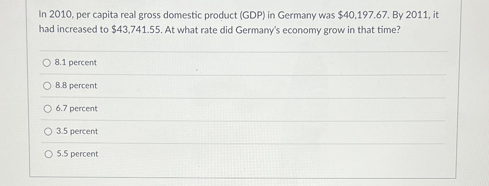 Solved In 2010 , ﻿per capita real gross domestic product | Chegg.com