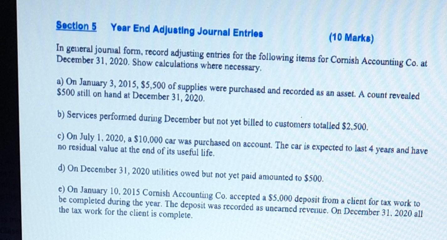 Solved Section 5 Year End Adjusting Journal Entries (10