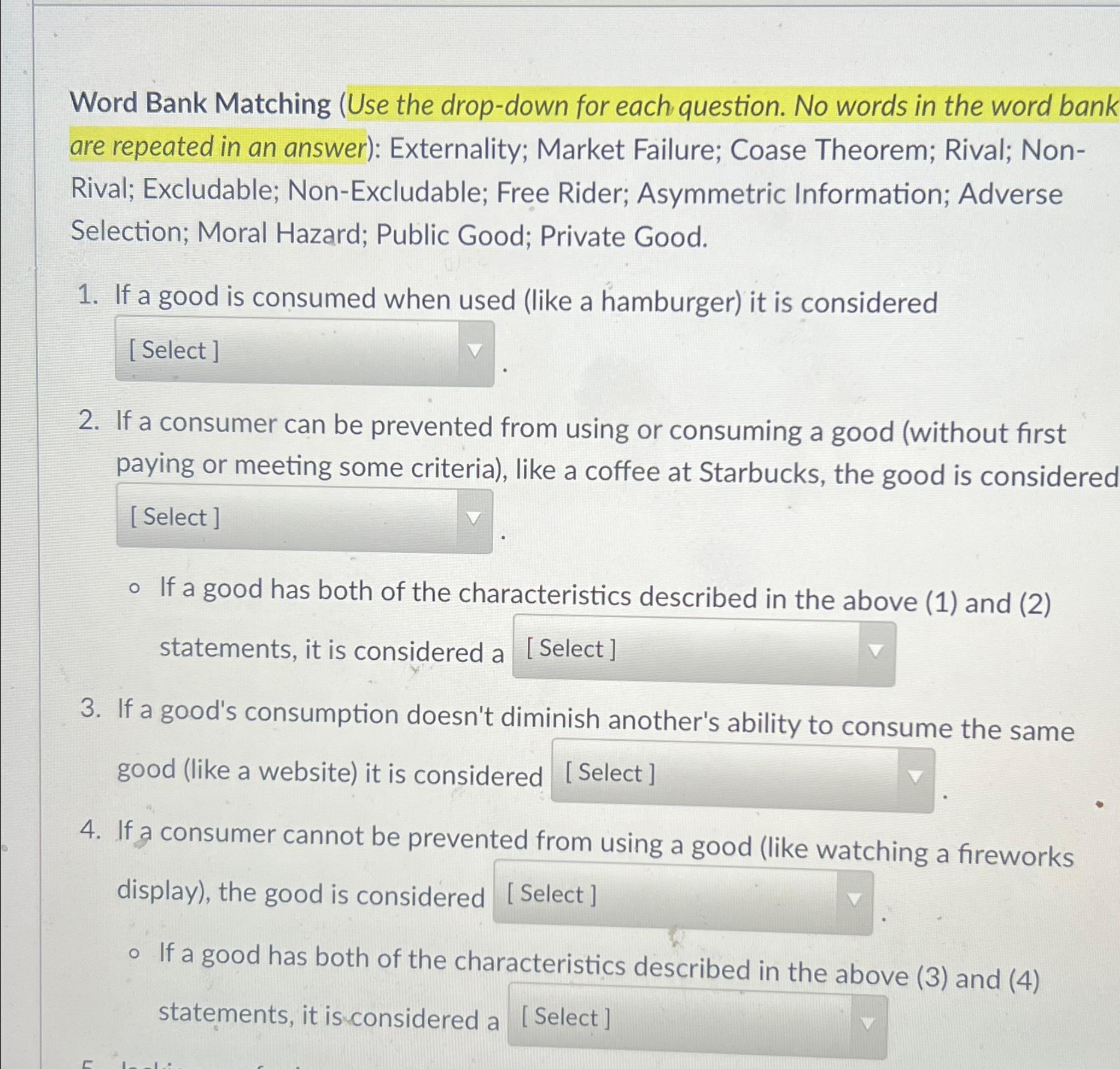 Solved Word Bank Matching (Use the drop-down for each | Chegg.com