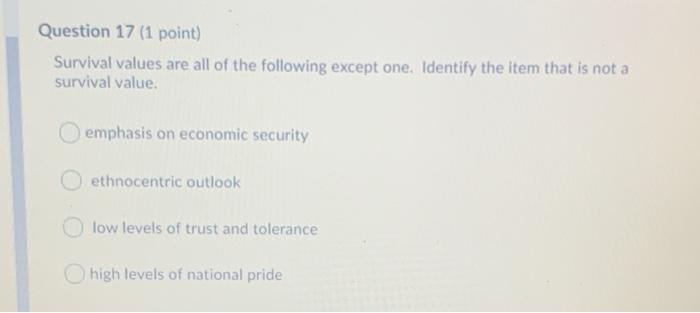 Solved Question 17 (1 point) Survival values are all of the | Chegg.com