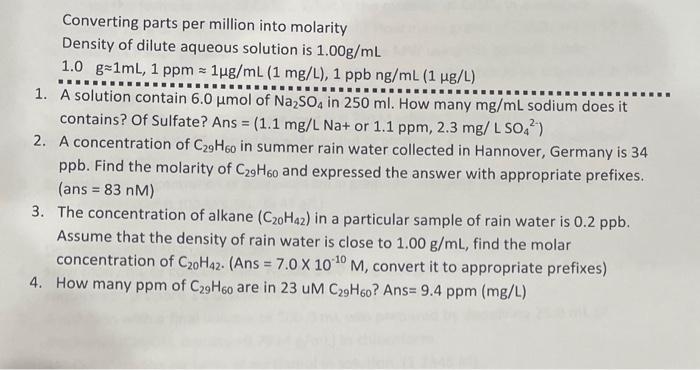 Solved Converting parts per million into molarity Density of | Chegg.com