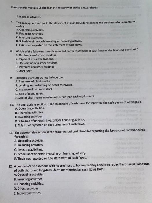 Solved Question #1: Multiple Choice (List the best answer on | Chegg.com