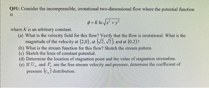 Solved Q\#1: Consider the incompressible, irrotational | Chegg.com