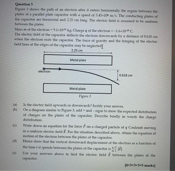 Question 3
Figure 3 shows the path of an electron after it enters horizontally the region between the plates of a parallel pl