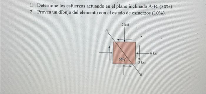 1. Determine los esfuerzos actuando en el plano inclinado \( \mathrm{A}-\mathrm{B} .(30 \%) \) 2. Provea un dibujo del elemen