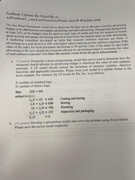 Solved Problem 1 (name the Exeel file as A4Problem 1 | Chegg.com