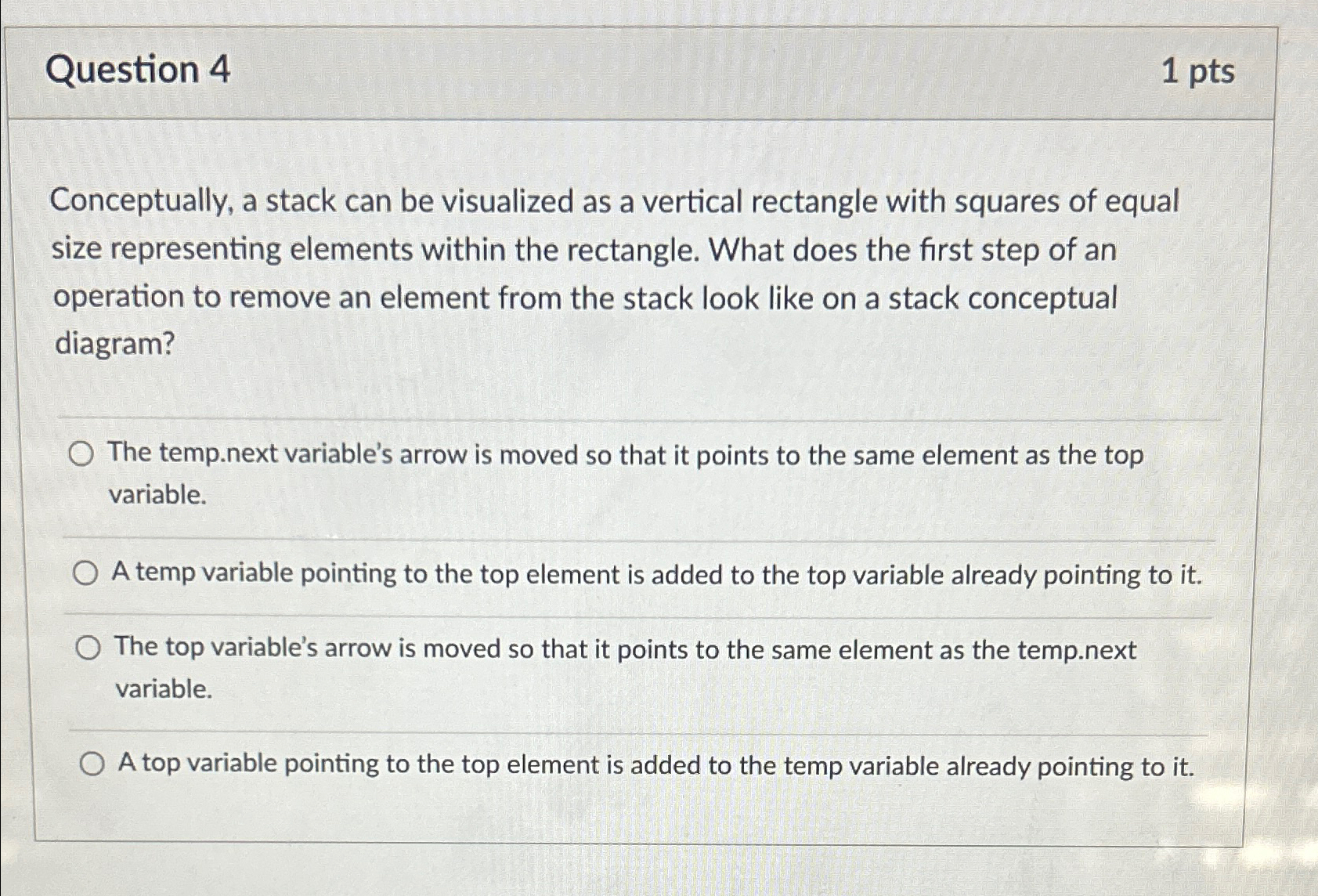 Solved Question 41ptsConceptually, a stack can be visualized | Chegg.com