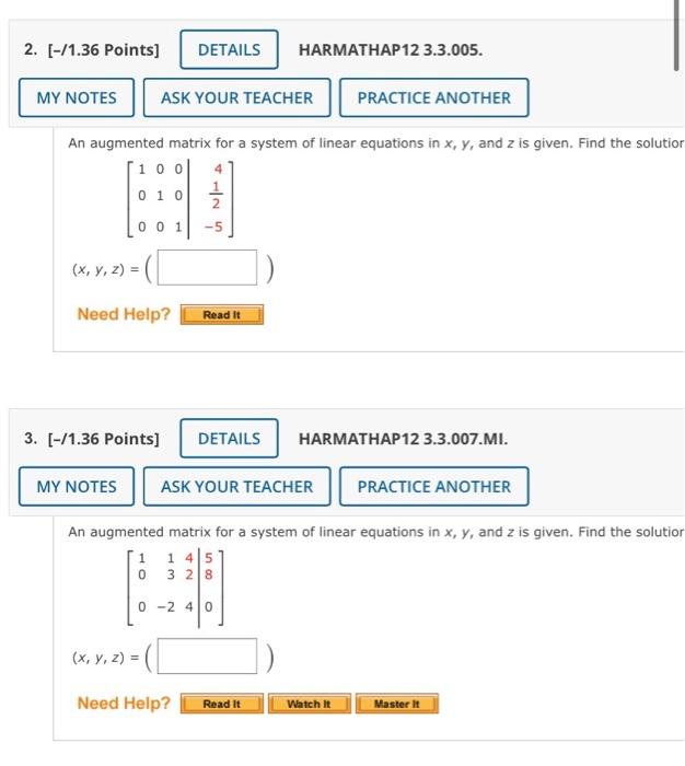 Solved An augmented matrix for a system of linear equations | Chegg.com