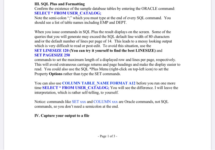 Solved III. SQL Plus and Formatting Confirm the existence of | Chegg.com
