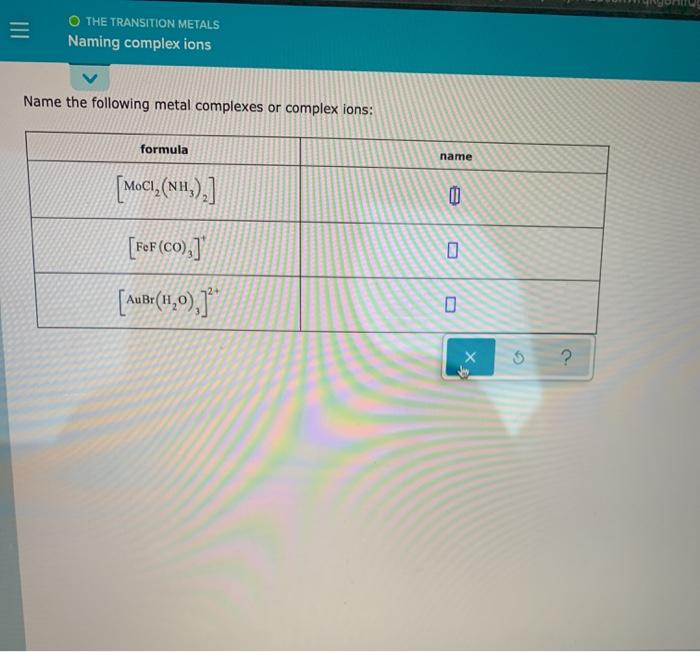 Solved III O THE TRANSITION METALS Naming complex ions Name | Chegg.com