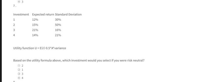 Solved 43 7. Investment Expected return Standard Deviation 1 | Chegg.com