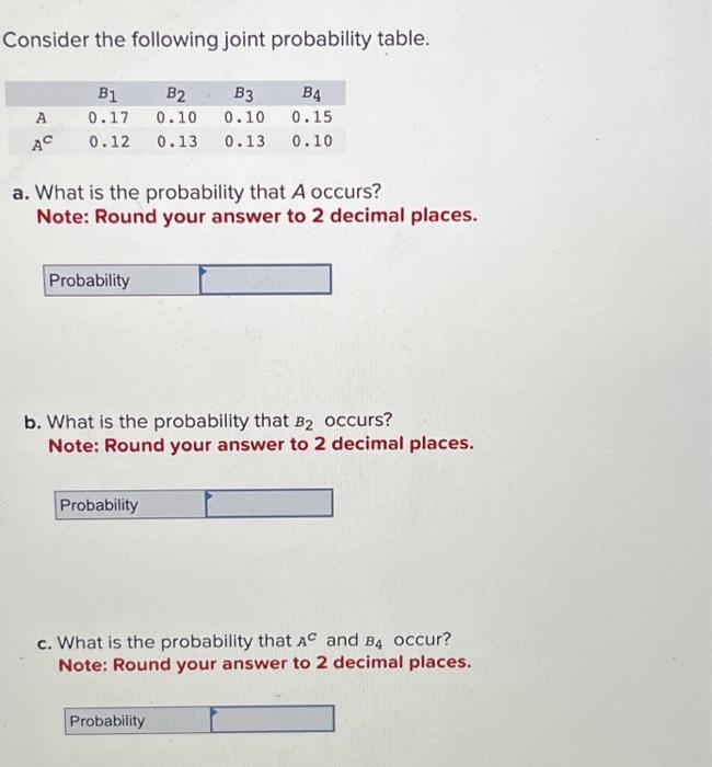 Solved Consider The Following Joint Probability Table. A. | Chegg.com