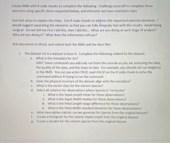 Create RMD with R code chunks to complete the | Chegg.com