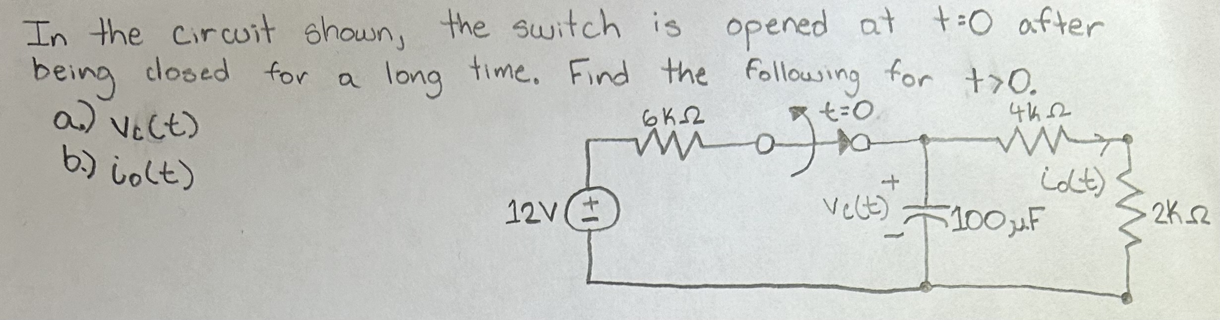 Solved In the circuit shown, the switch is opened at t=0 | Chegg.com