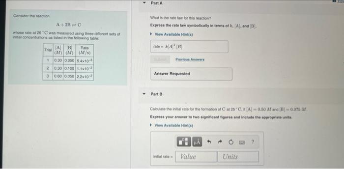 Solved Part A Consider the ronction A + 2BC whose rate at | Chegg.com