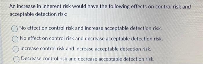Solved An increase in inherent risk would have the following | Chegg.com