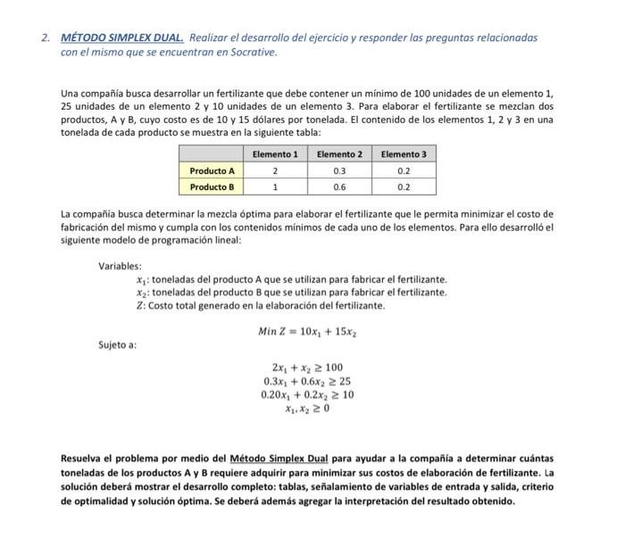 Solved 2. DUAL SIMPLEX METHOD. Carry out the development of 