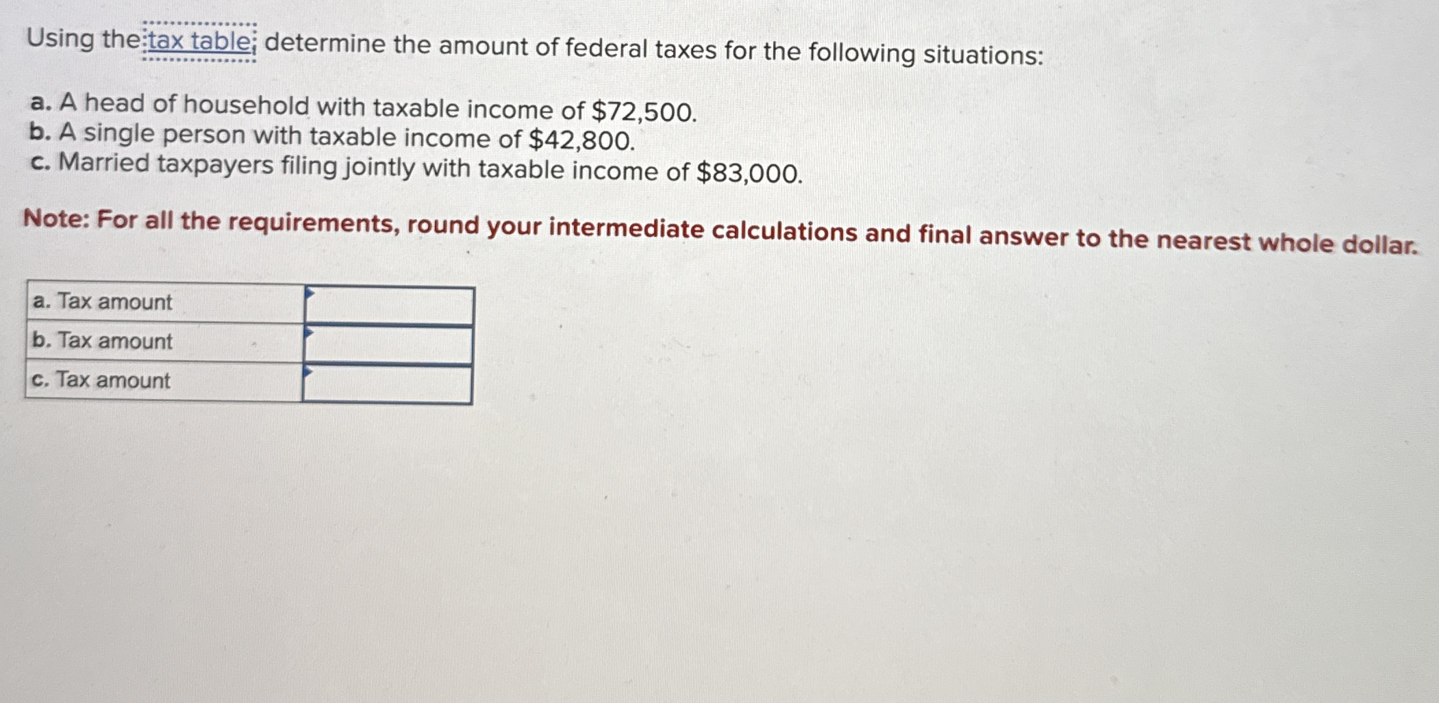 Solved Using the:tax table determine the amount of federal | Chegg.com