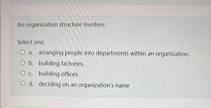 Solved An Organization Structure Involves: Select One: A. | Chegg.com