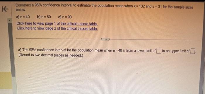 Solved Construct a 98% confidence interval to estimate the | Chegg.com
