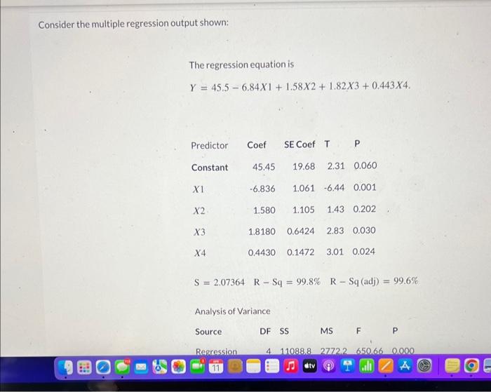 Solved Consider The Multiple Regression Output Shown: The | Chegg.com