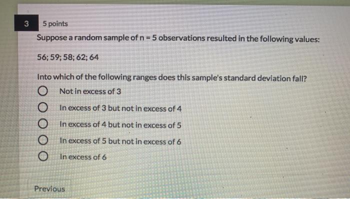 Solved 3 3 5 points Suppose a random sample of n = 5 | Chegg.com