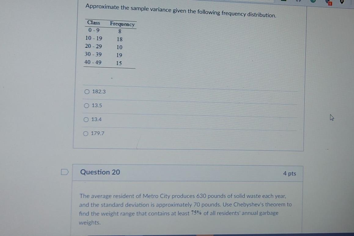 Solved Approximate the sample variance given the following | Chegg.com