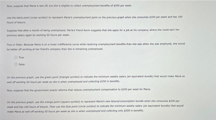 Wse the biack point (cross symbol) to reoresent Marias unemployment point on the previous graph when she consumes \( \$ 350 \