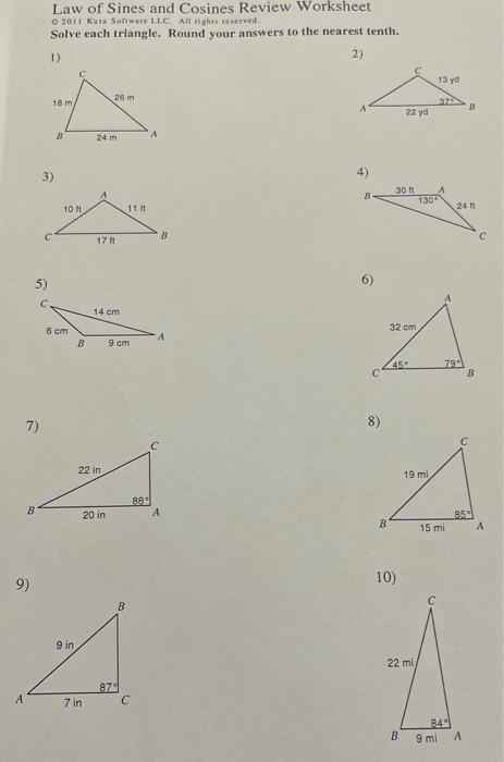 Solved Law of Sines and Cosines Review Worksheet 02011 Kuin | Chegg.com