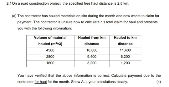 Solved 2.1 On a road construction project, the specified | Chegg.com