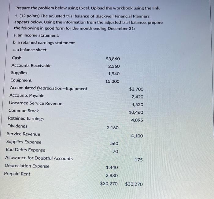 Prepare the problem below using Excel. Upload the workbook using the link.
1. (32 points) The adjusted trial balance of Black