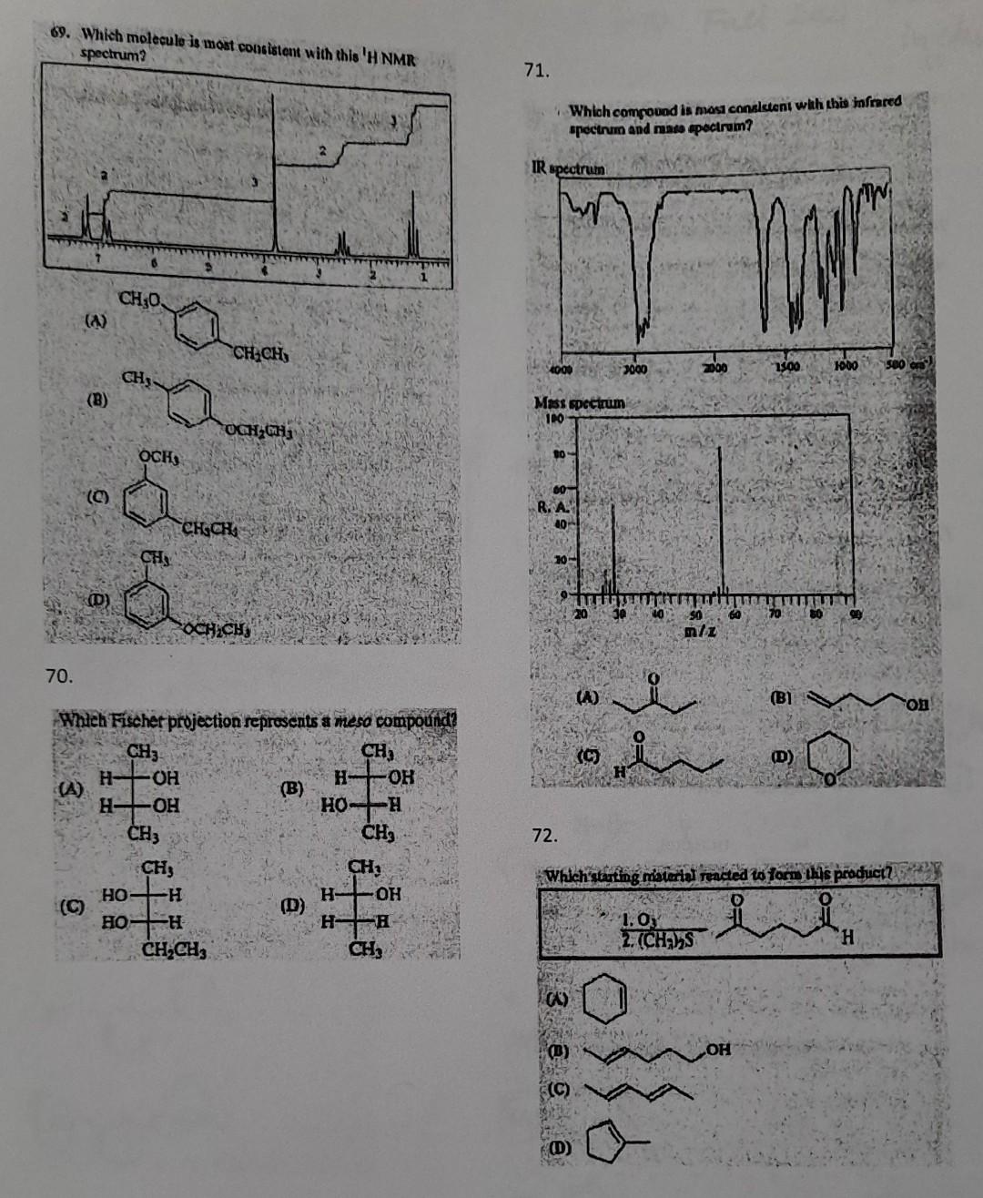 Solved 69. Which molecule is most consistent with this 'H | Chegg.com