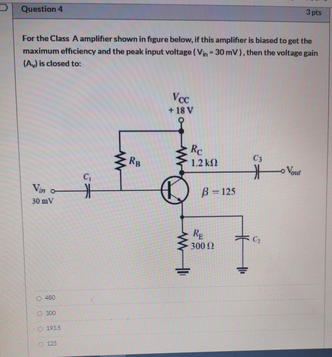 Solved Question 4 3 pts For the Class A amplifier shown in | Chegg.com
