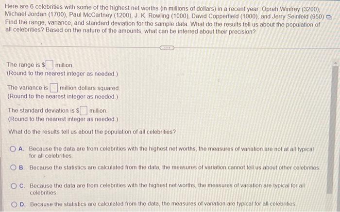 Solved Here are 6 celebrities with some of the highest net | Chegg.com