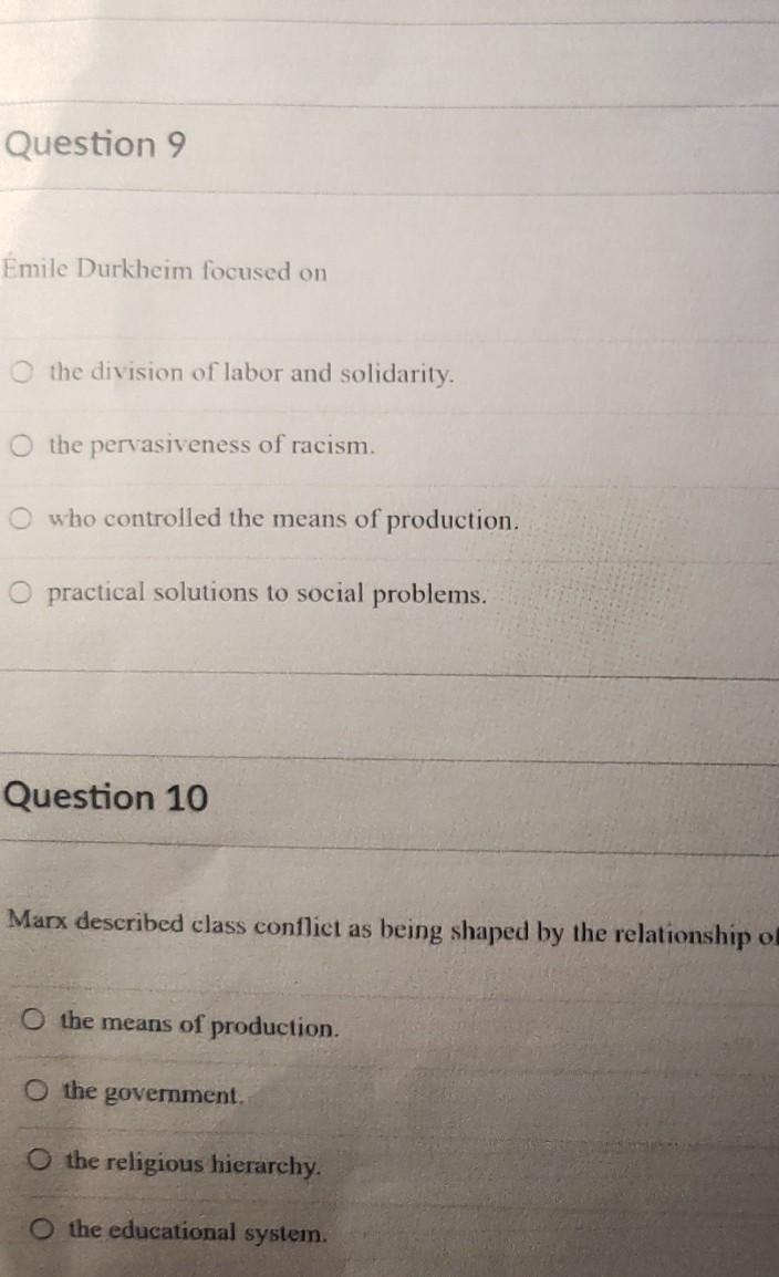 Solved Question 9 Emile Durkheim Focused On O The Division | Chegg.com